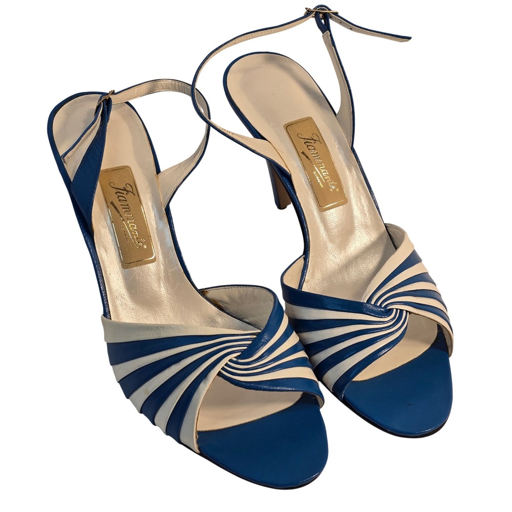 Fiammante by Color Mate Vintage Blue Cream Leather Pleated Peep Toe Heels 10B